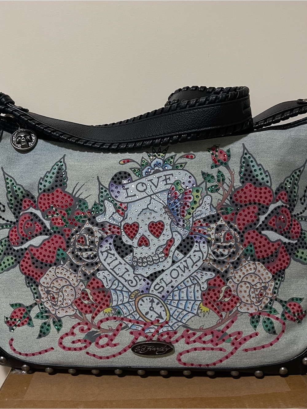 Ed Hardy Skull Roses Denim Messenger Bag Rhinestone Studded Black Leather NWT